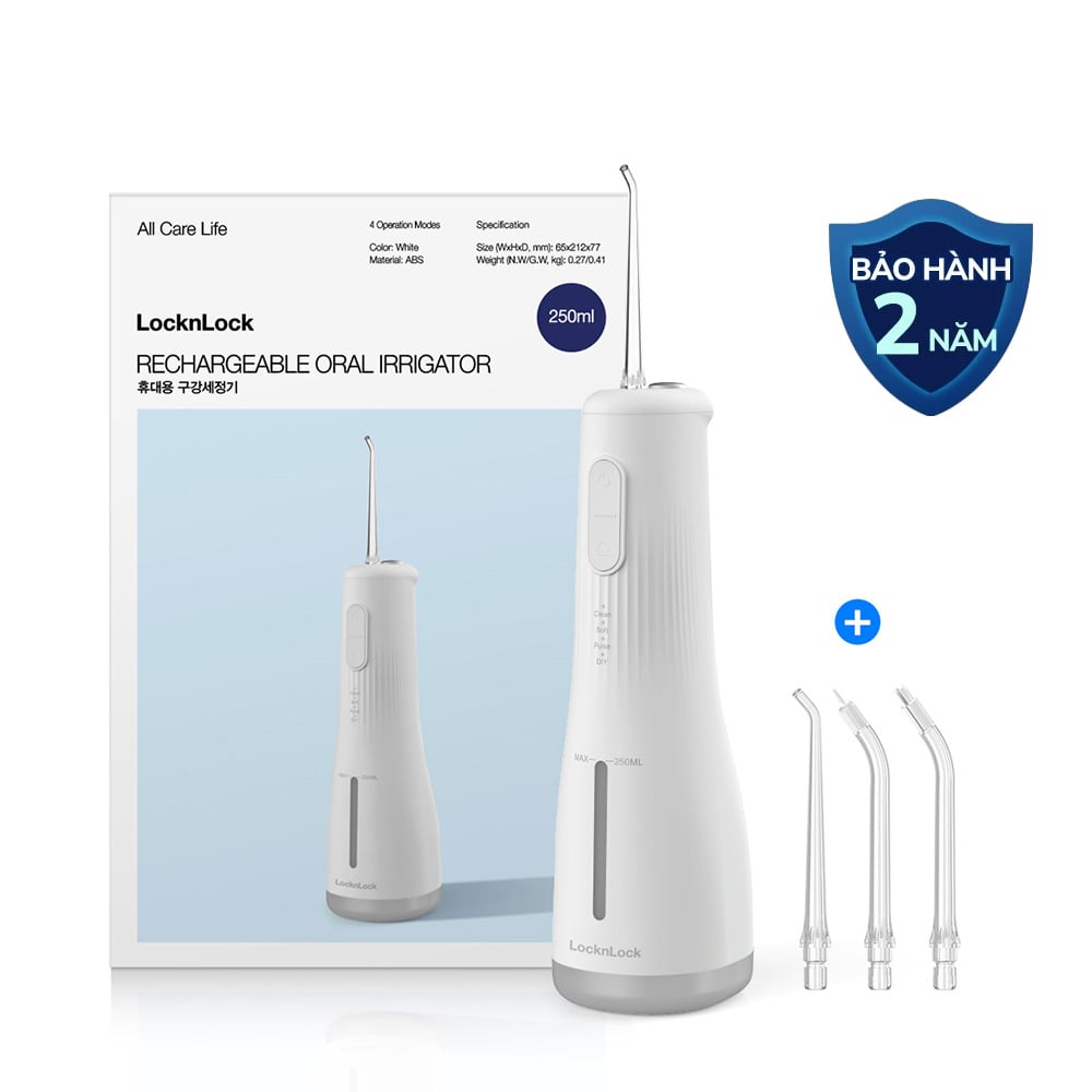 Máy Tăm Nước LocknLock Rechargeable Oral Irrigator 3.7V, 8W, 250Ml - Màu Trắng - ENR154WHT